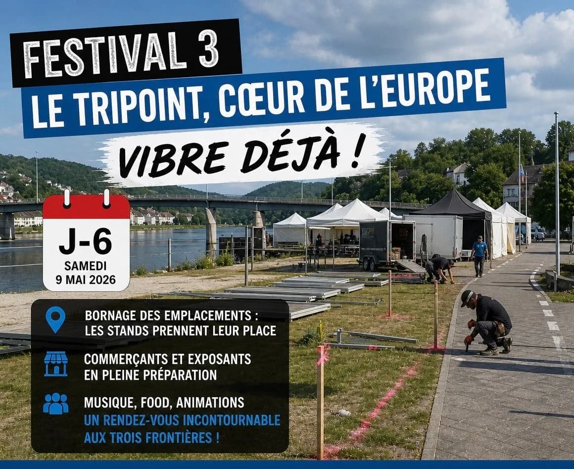 Visuel « Festival 3 : le tripoint, cœur de l'Europe, vibre déjà ! » : des tentes blanches en montage au bord d'une rivière.