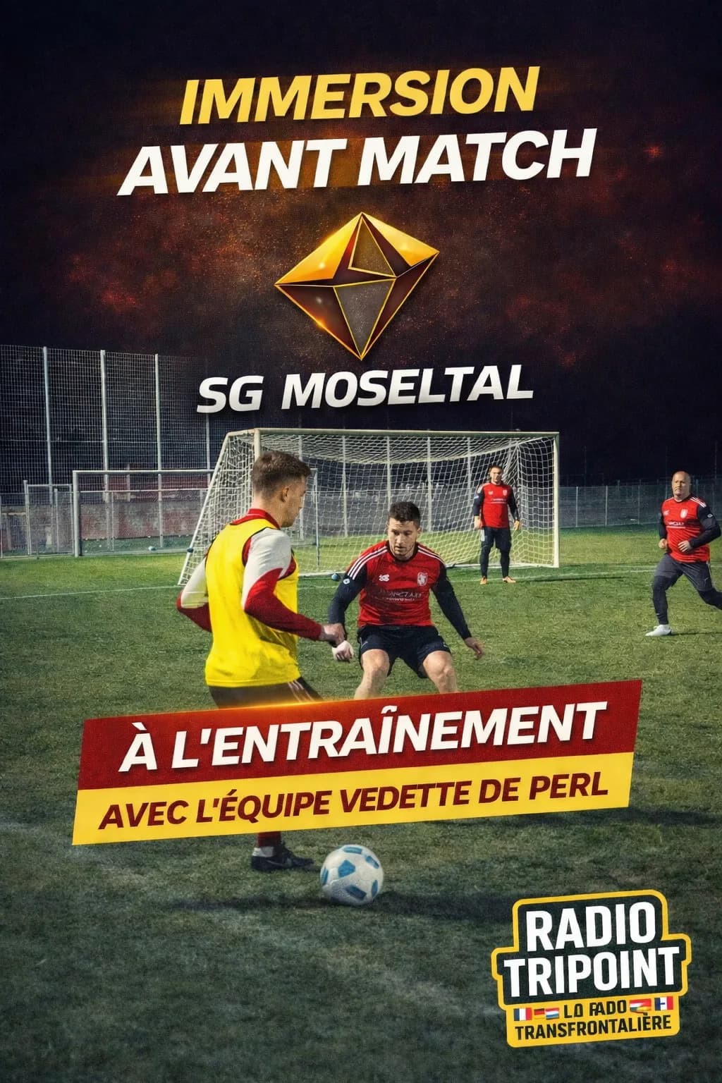 Visuel « Immersion avant match : SG Moseltal » : des footballeurs s'entraînent sur un terrain en herbe.
