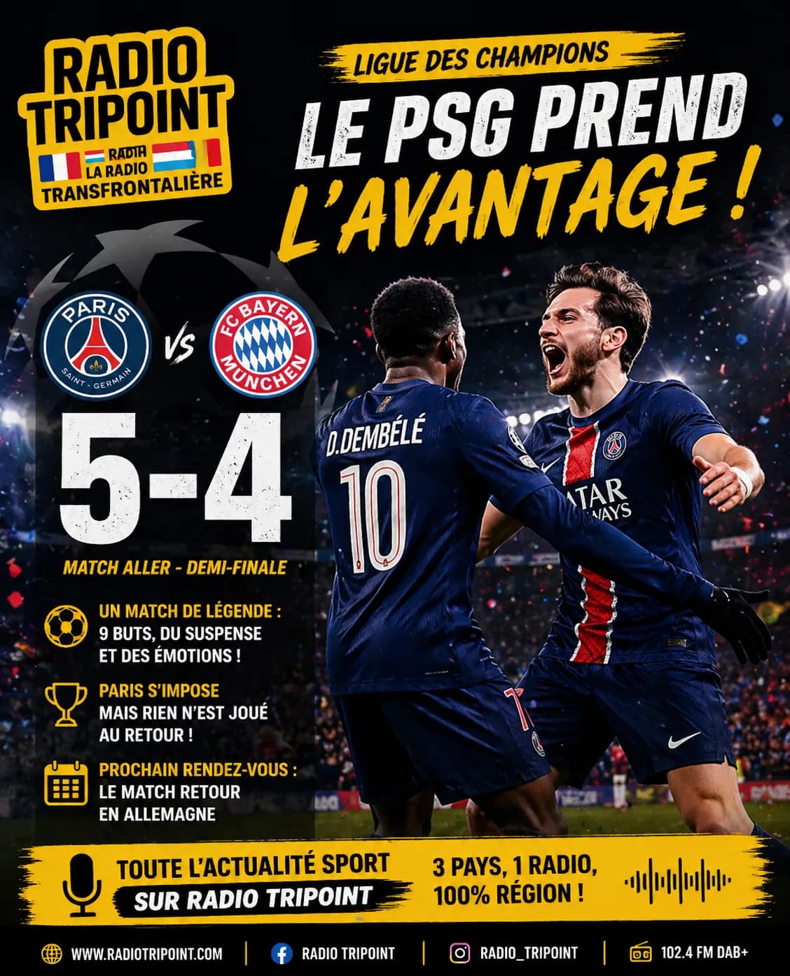 Visuel « Le PSG prend l'avantage ! » : deux footballeurs en maillot bleu marine célèbrent, avec le score PSG 5, Bayern 4.