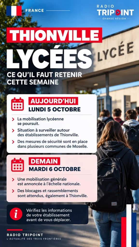 Visuel « Thionville, lycées : ce qu’il faut retenir cette semaine » : des élèves devant un lycée, avec le programme du lundi 5 et du mardi 6 octobre.