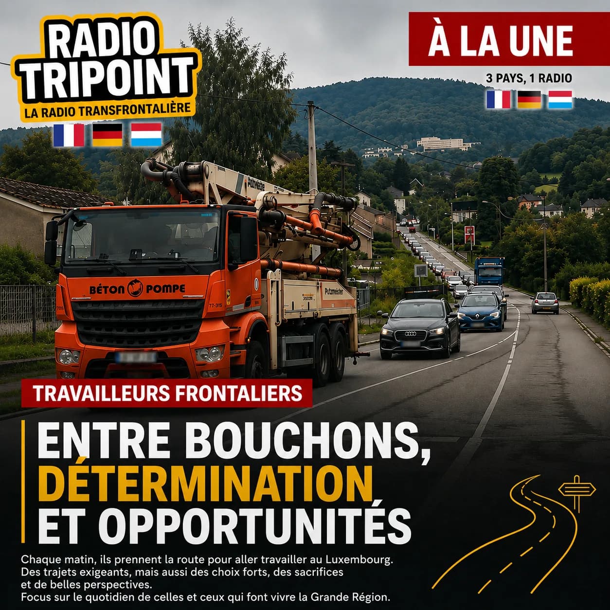 Visuel « Travailleurs frontaliers : entre bouchons, détermination et opportunités » : un camion et des voitures sur une route de vallée.