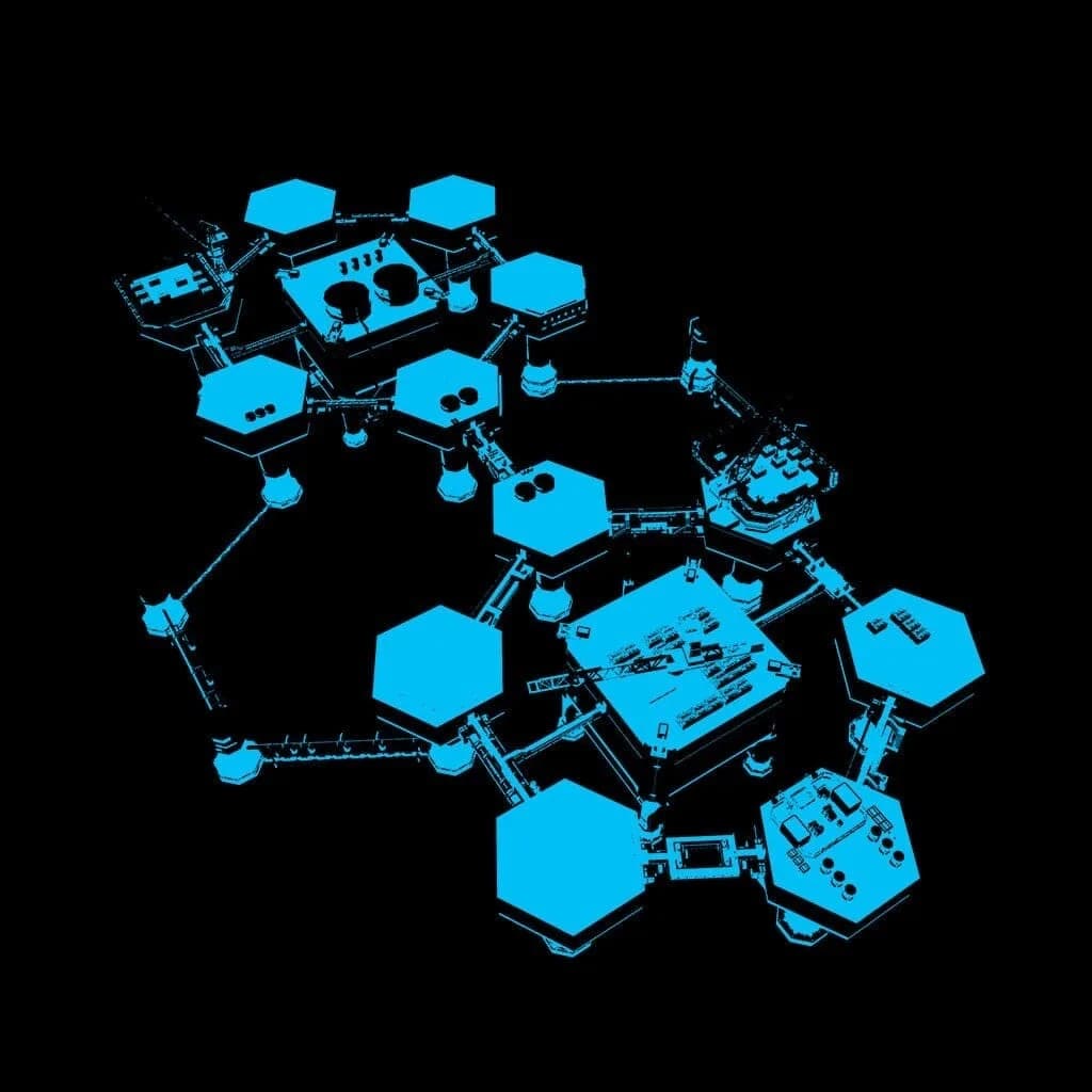 Illustration bleue sur fond noir : des plateformes hexagonales reliées par des passerelles, vues de dessus.
