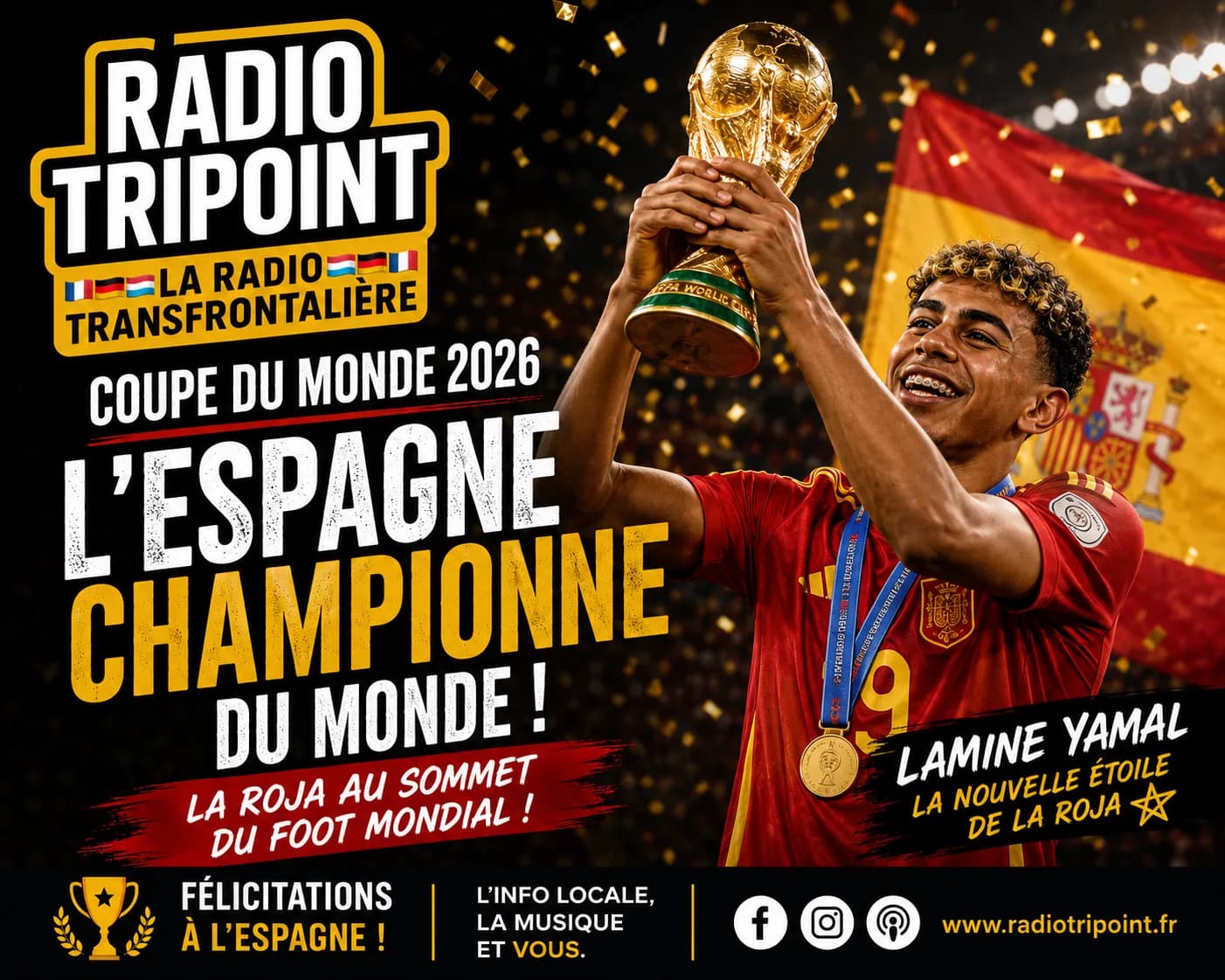Visuel « L'Espagne championne du monde » : un footballeur en maillot rouge brandit le trophée de la Coupe du monde.