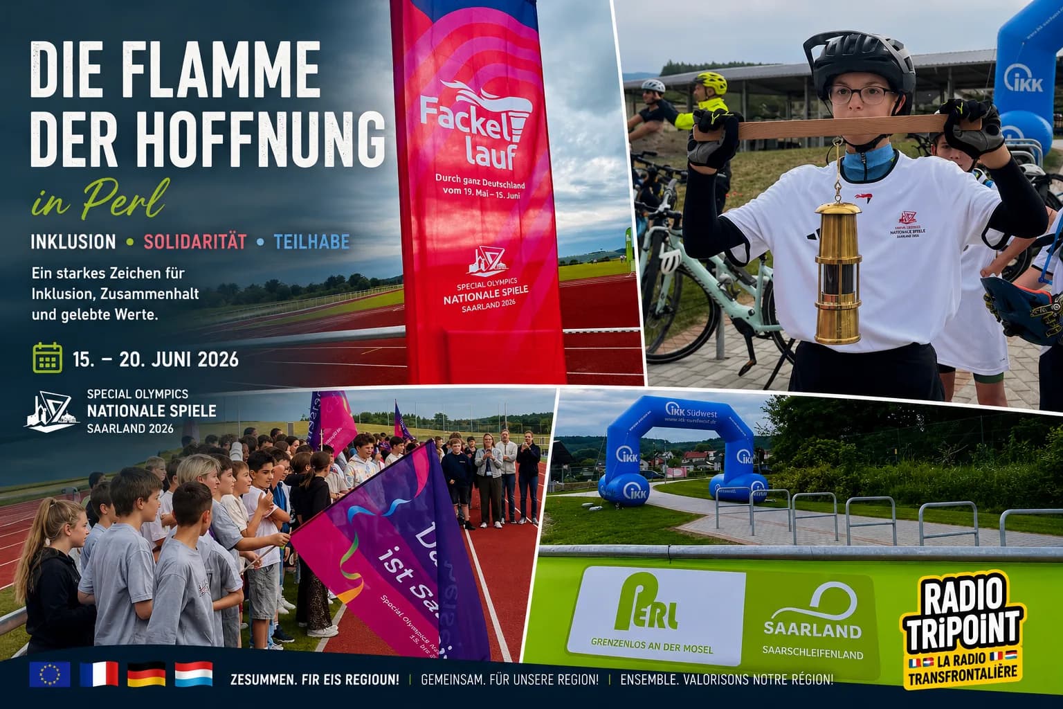 Visuel en allemand « Die Flamme der Hoffnung in Perl » : des jeunes portent une lanterne et des drapeaux lors d'un relais, près d'une piste d'athlétisme.