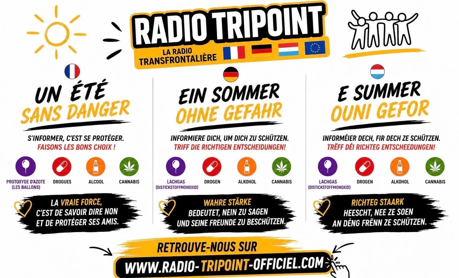 Visuel de campagne « Un été sans danger » en français, en allemand et en luxembourgeois, avec des pictogrammes sur l'alcool, les drogues et le protoxyde d'azote.