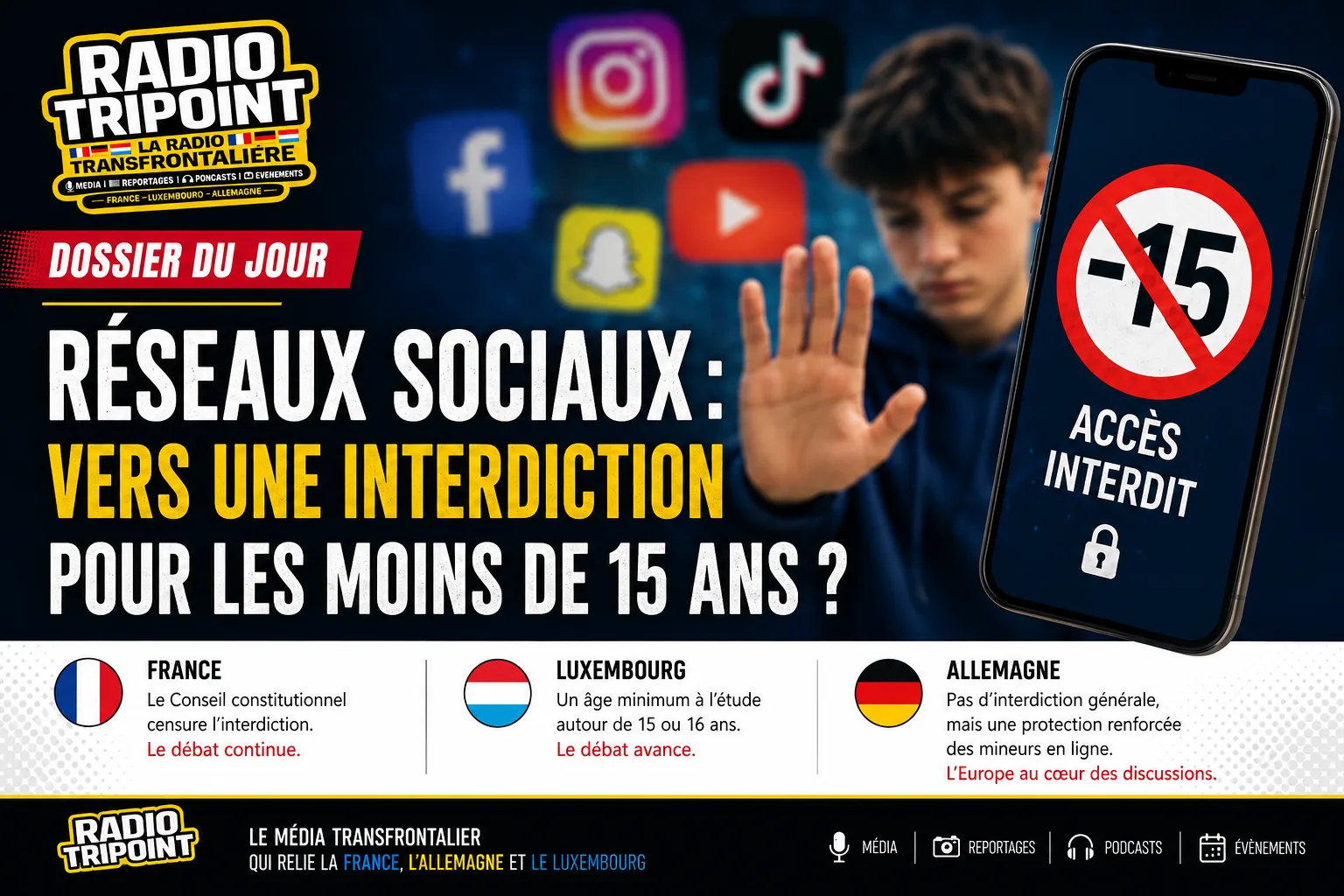 Visuel « Réseaux sociaux : vers une interdiction pour les moins de 15 ans ? » : un téléphone affichant « Accès interdit -15 » et des icônes d'applications.